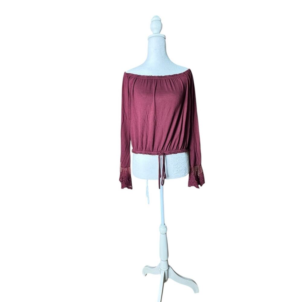 Burgundy Womens Large Off Shoulder Top Lace Bell Sleeve Y2K Fairy Boho Romance